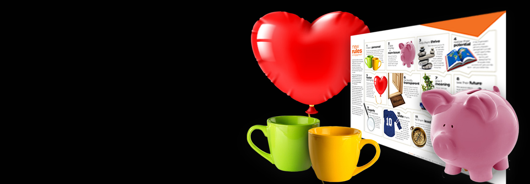 A red heart-shaped balloon, a yellow and a green mug, a pink piggy bank, and a colorful infographic are placed against a black background. The infographic features various items and text, visible but not legible.