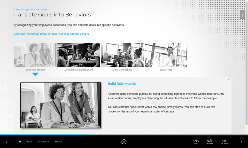 A webpage titled Translate Goals into Behaviors features sections on building role models, communication behaviors, making connections, and building trust. A highlighted section elaborates on Build Role Models with a black and white image above.