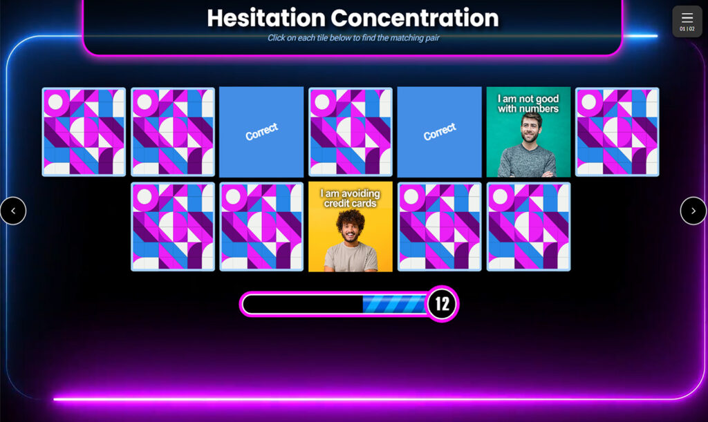 A digital memory game with a grid of eight cards. Two cards show Correct in white, one displays a man with I am not good with numbers, and another shows a man with I am avoiding credit cards. A loading bar is at the bottom showing 12.