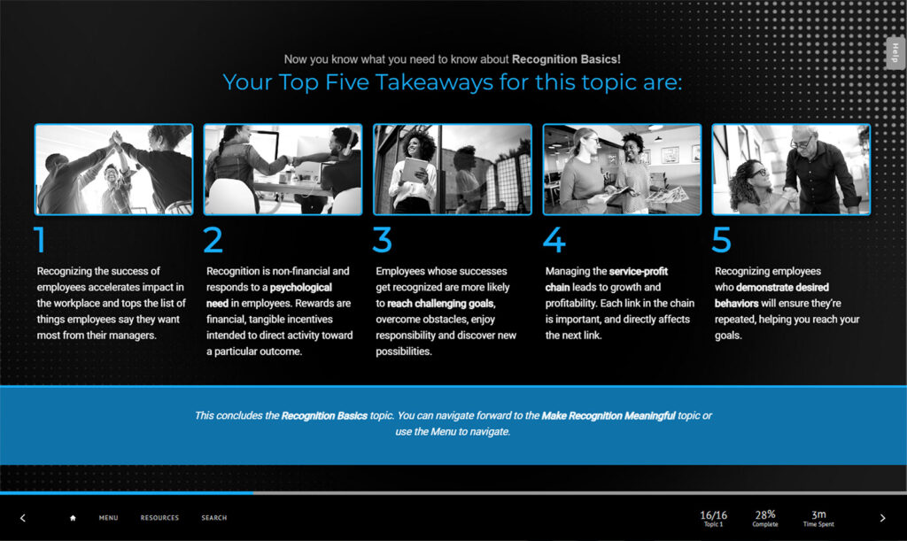 A slide titled Your Top Five Takeaways for this topic are with images of people interacting. It lists: 1. Recognitions link to impact, 2. Psychological needs, 3. Meaningful success stories, 4. Value and profit chain link, 5. Behavior-driven recognition.