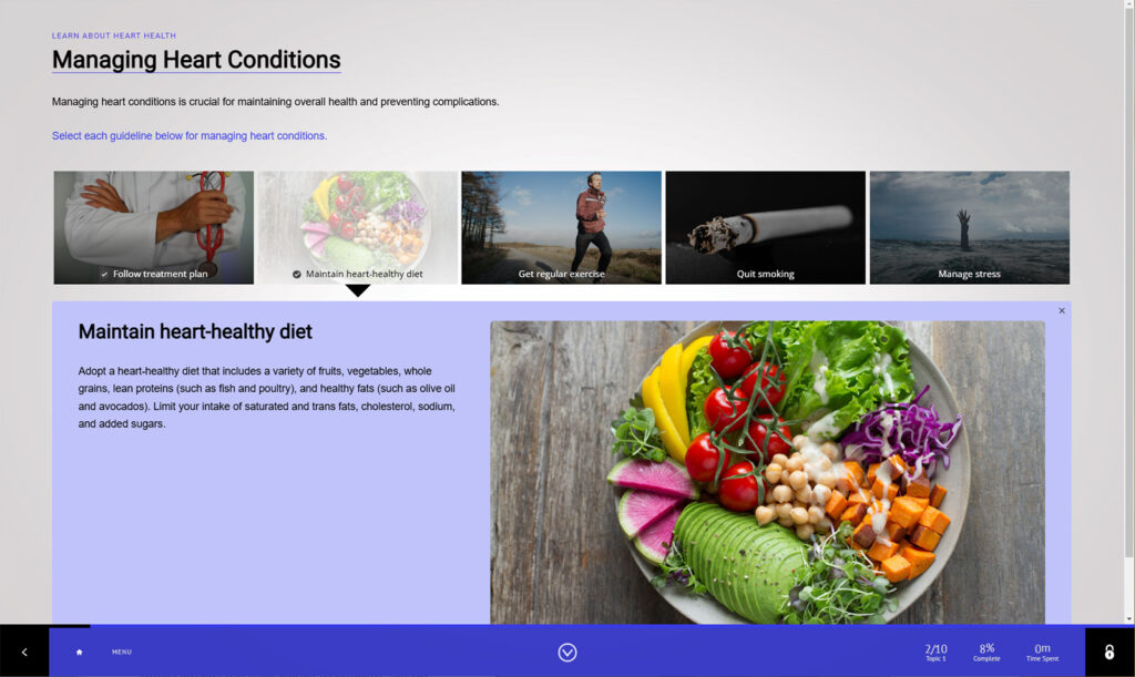 A webpage about managing heart conditions with images and text. The highlighted section advises on maintaining a heart-healthy diet, featuring a vibrant salad of various colorful vegetables and fruits.