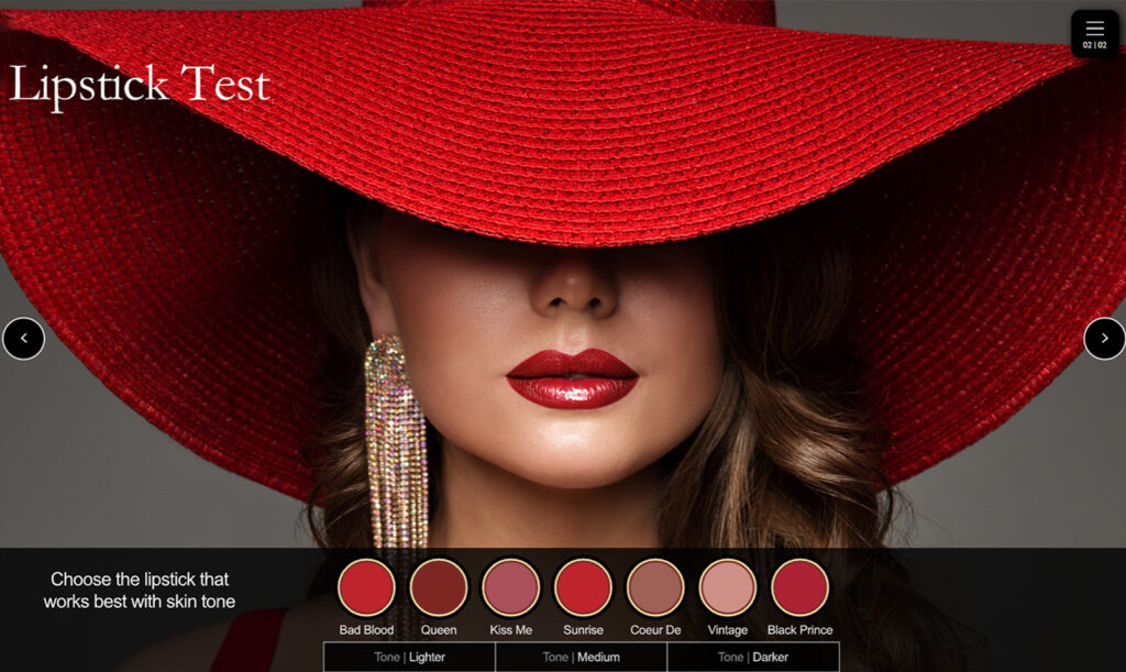 Woman wearing a large red hat and vibrant red lipstick, with long hair cascading over her shoulder. She has sparkling, dangling earrings. Below are swatches of various lipstick shades labeled with names for a Lipstick Test.