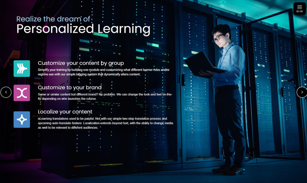 A person stands in a dimly lit server room, holding a laptop. Text on the image reads Realize the dream of Personalized Learning with points on customizing content by group, brand, and localizing content.