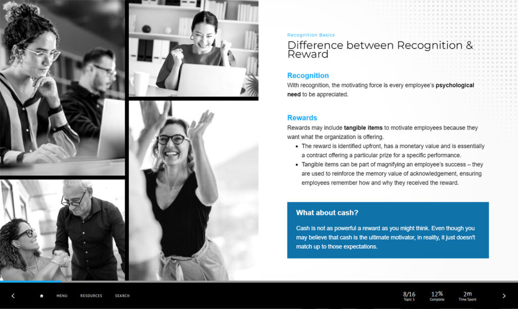 A presentation slide titled Difference between Recognition & Reward with black-and-white photos. It discusses recognitions psychological impact and rewards tangible benefits, with a note clarifying cashs role as not always the best motivator.