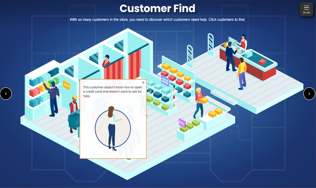 An illustrated scene in a store with several customers and employees. A highlighted customer near the fitting rooms has a message box stating theyre unsure how to open a credit card but dont want to ask for help.
