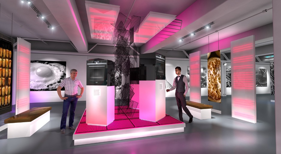 A modern gallery with two men viewing exhibits. The room features vibrant pink lighting, geometric installations, and framed artwork. The atmosphere is sleek and contemporary, with a futuristic design aesthetic.