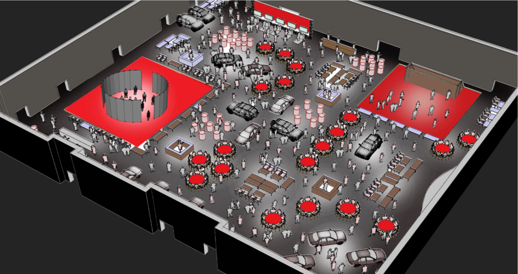 A digital illustration of a large exhibition hall featuring several cars on display, numerous circular tables with red tops, small groups of people walking around, and a large central red stage. Black walls encompass the exhibition space.