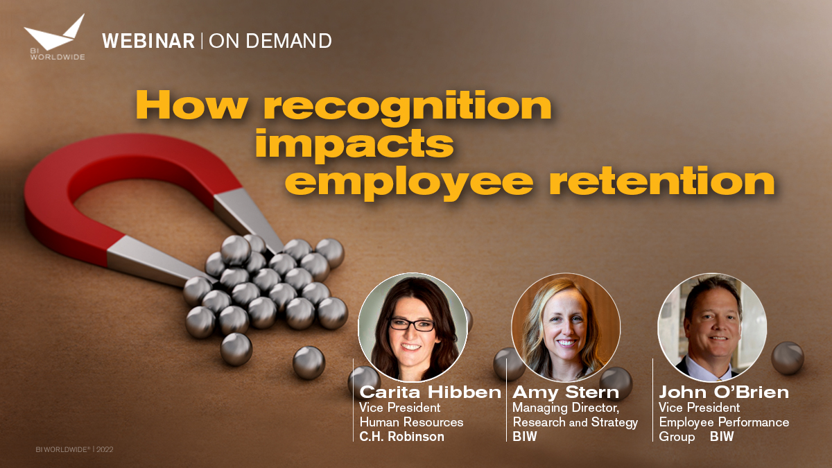 A webinar titled How recognition impacts employee retention features insightful speakers: Carita Hibben, Amy Stern, and John OBrien. In the background, a magnet cleverly symbolizes the draw of effective retention strategies.