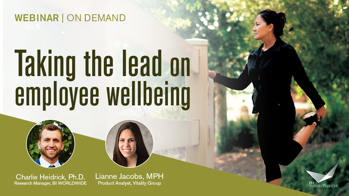 A woman in athletic wear stretches her leg against a fence in a lush, green setting. Text reads Webinar | On Demand: Taking the lead on employee wellbeing. Featuring insights from Charlie Heidrick, Ph.D., and Lianne Jacobs, MPH. Discover strategies for enhancing employee wellbeing today.