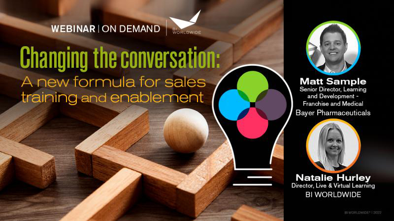 The image showcases a webinar ad titled Changing the Conversation: A New Formula for Sales Training and Enablement, featuring Matt Sample, Senior Director at Bayer Pharmaceuticals, and Natalie Hurley, Director at BI Worldwide.