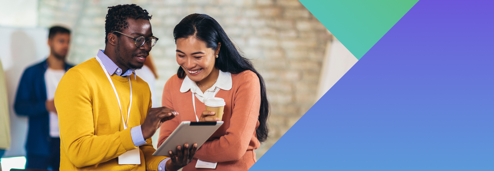 Two people wearing lanyards smile while looking at a tablet—perhaps reviewing channel incentive programs. One holds a coffee cup as they stand in a modern office, with blurred coworkers and geometric color shapes on the right side.