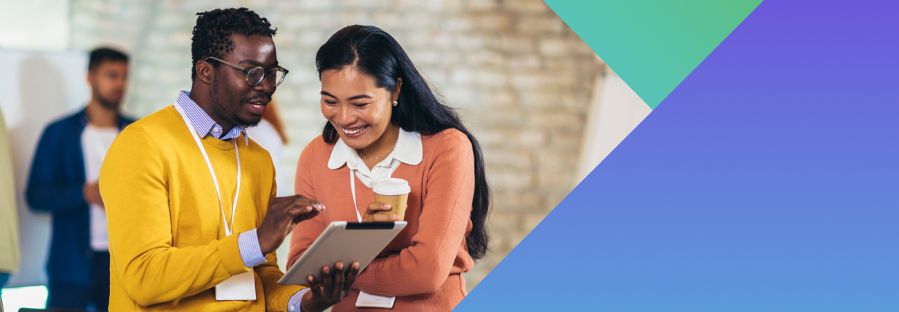 Two people wearing lanyards smile as they look at a tablet together—perhaps reviewing channel incentive programs—while standing in a modern office. Others are blurred in the background, with colorful geometric shapes overlaying the image.