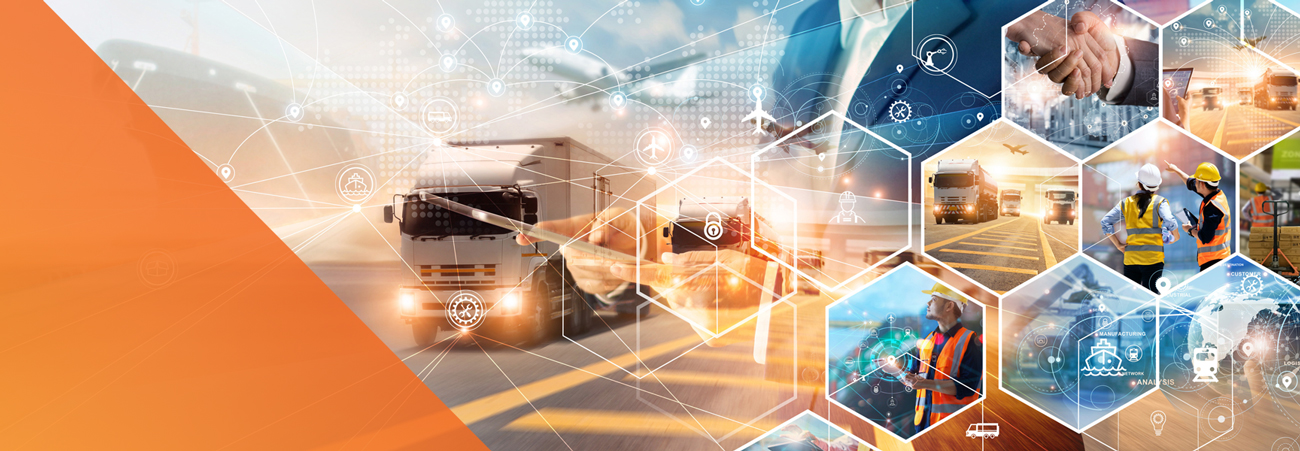 Collage of logistics symbols: trucks, ships, workers in safety vests, digital icons, and network graphics, depicting global transportation, channel partner incentives, technology integration, and teamwork in supply chain management.