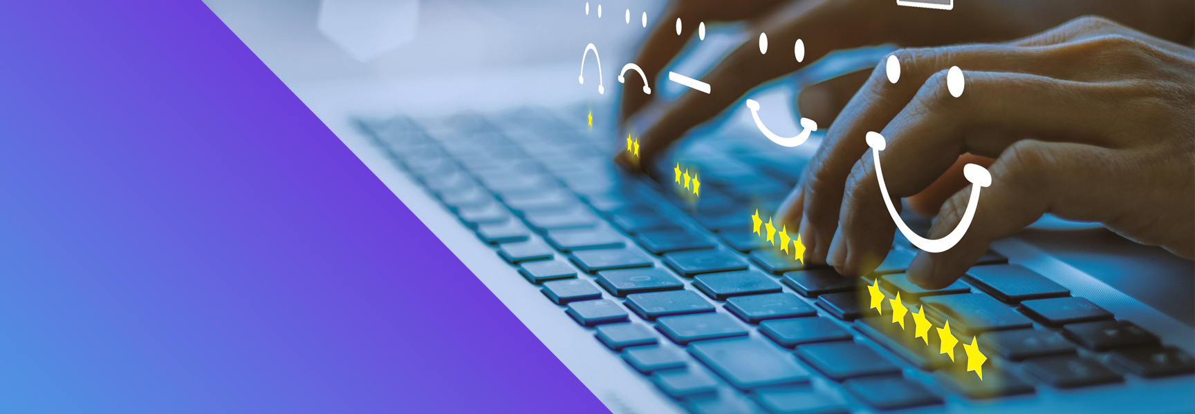 Hands typing on a keyboard with illustrated smiley faces and star ratings floating above, suggesting online reviews, customer feedback, or channel loyalty programs on a vibrant, partially purple background.